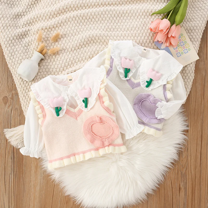 Kxkm-Girls' Spring and Autumn Sweet Doll Collar Shirt New Three-Dimensional Small Flower Shirt Outer Knitted Vest Suit