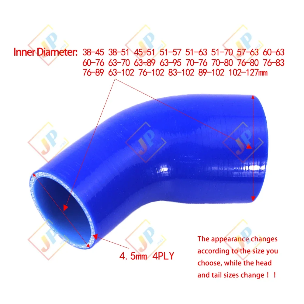 Car modification universal 45 degree elbow silicone hose reducer turbo intake pipe 45mm-127mm High temperature resistance