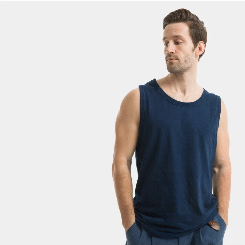 

Летний американский винтажный жилет цвета индиго для мужчин — футболка без рукавов из 100% хлопка с натуральным растительным окрашенным растением | Майка в японском стиле ретро