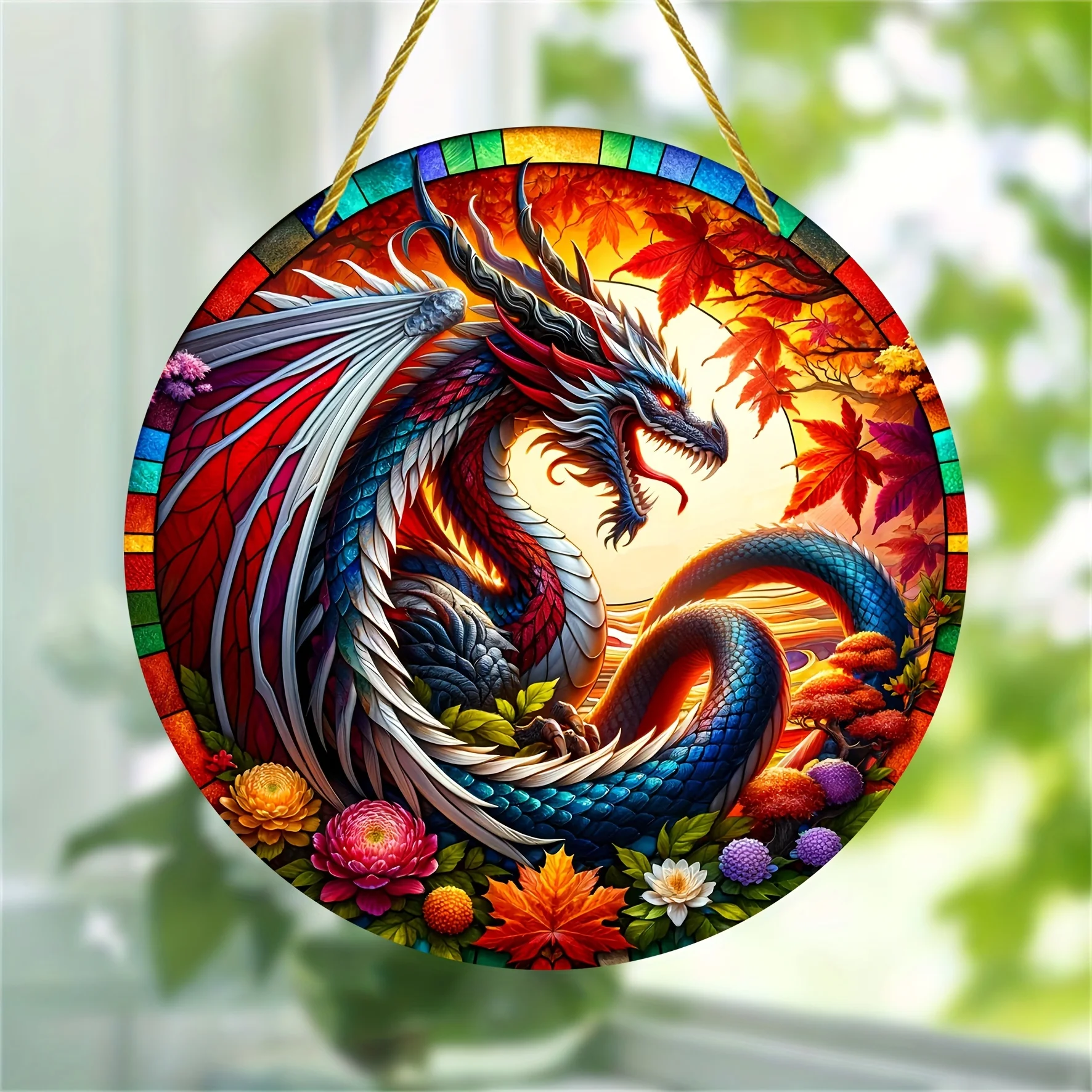 Art Deco Acrylic Dragon Sun Catcher Decorative Sign-Multicolor Animal-Themed Wall Hanging,Stained Glass Style Plaque for Home