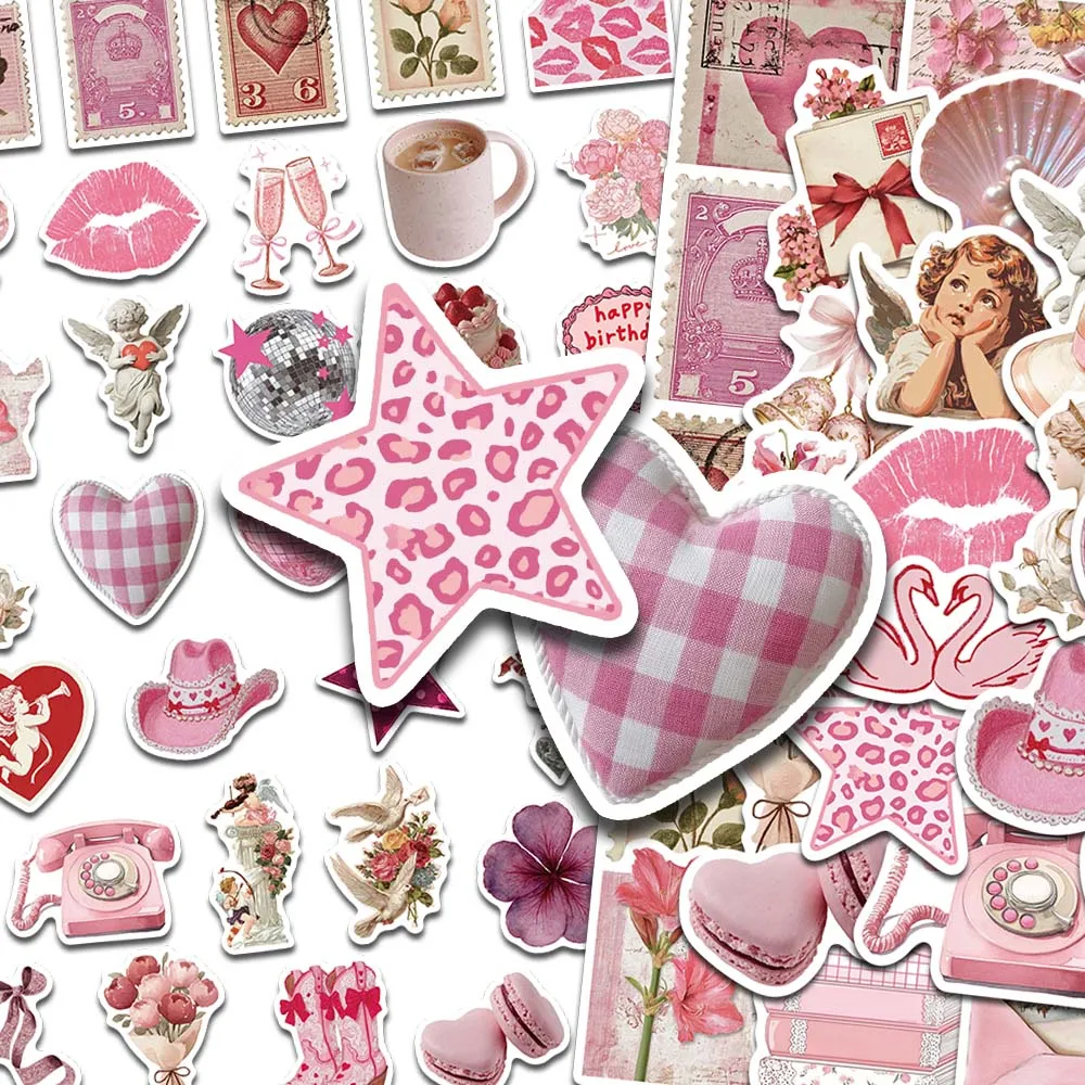 50pcs Love Poem Stickers Aesthetic Pink Valentine Cute Vintage Cherub Bow Angel Letter Decal For Scrapbook Laptop Phone DIY Gift