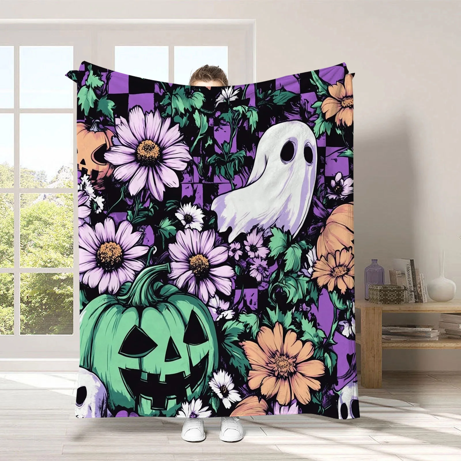 Halloween cartoon ghost digital-printed polyester Bedroom velvet flannel cover blanket Fleece soft sofa cover blankets for beds