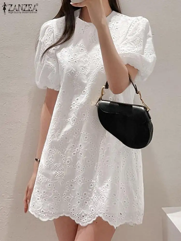 ZANZEA Cotton Short Puff Sleeve Mini Sundress 2024 Summer Holiday Solid Dress Women Fashion Lace Dress Casual Round Neck Vestido