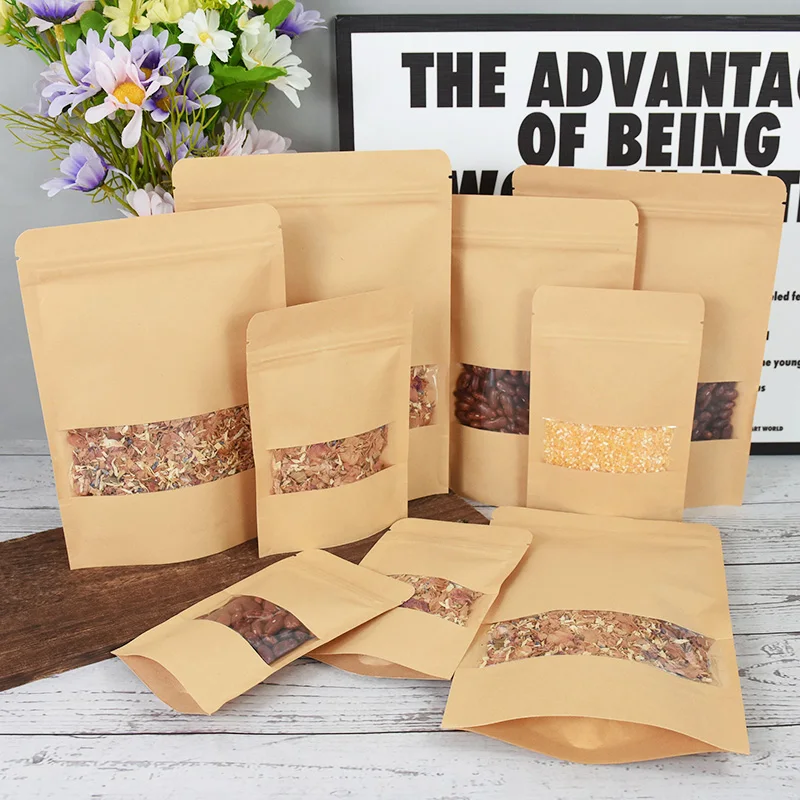 20/50pcs Kraft Paper Zip Lock Bags With Window Food Snack Tea Self Sealing Storage Bag Wedding Home Candy Gifts Packaging Pouch