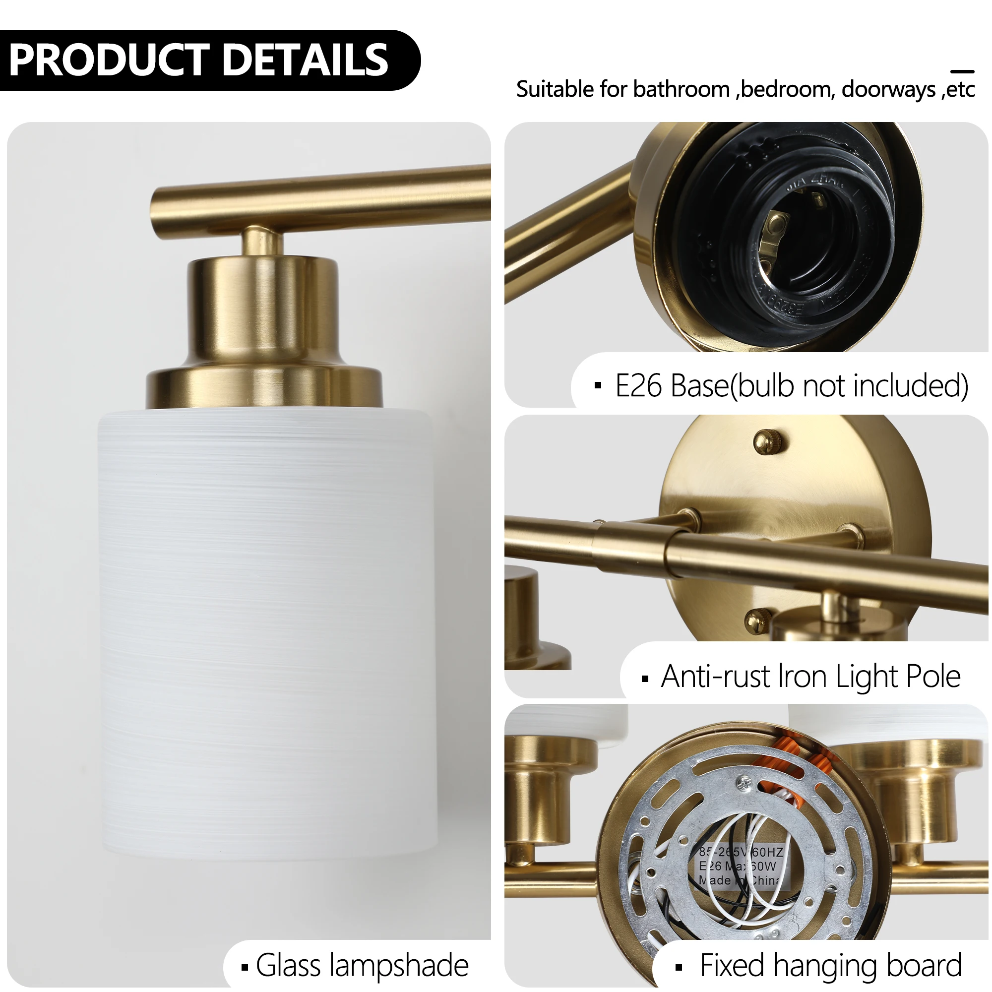 L001010-W6B/C/G Front Mirror Light, Rust-Proof and Waterproof, Suitable for Bathroom Vanity, Power Supply Hardwired, Compatible with E26 Light Source, North American Ul Certified, Modern Minimalist Style