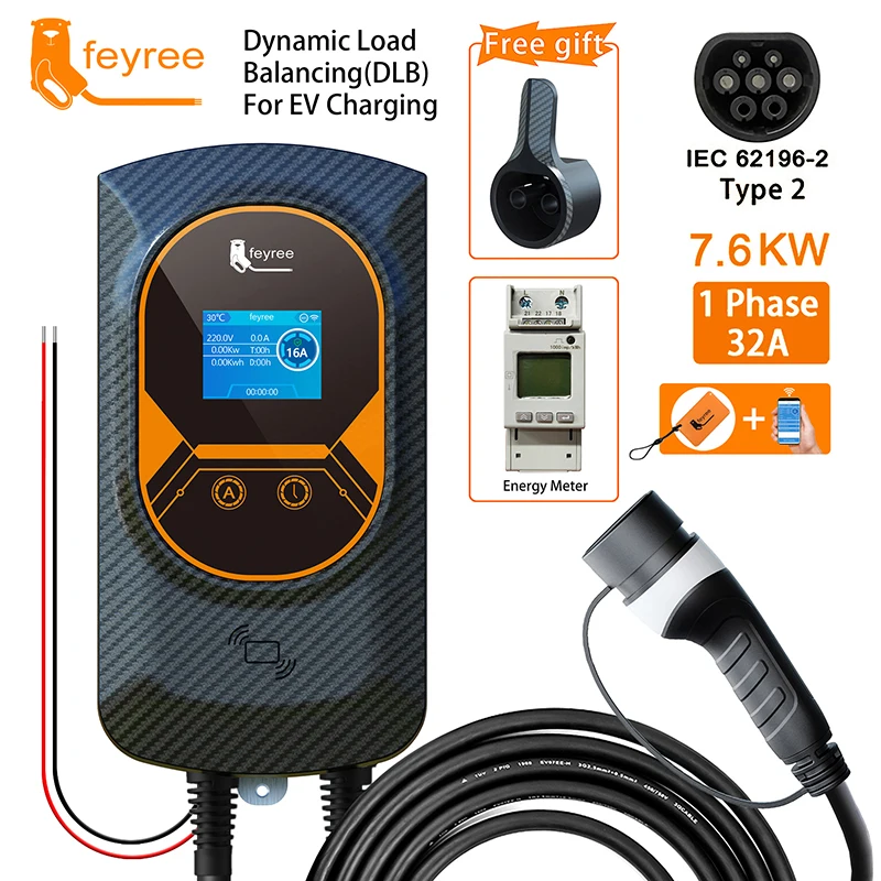 Feyree-cargador EV tipo 2, Cable 32A, 7,6 kW, blanqueamiento de carga dinámica, función de aplicación EVSE Wallbox, estación de carga de 11KW y 22KW