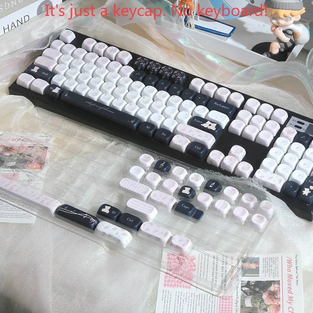 Little Bear Flower Cambodia MOA Cherry Pink White Keycap Set PBT 124 Key Cute Cartoon Keycap Suitable for MX Mechanical Keyboard