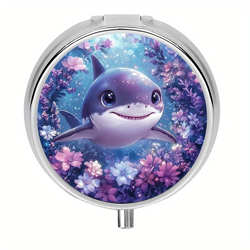 1 mini pill box with 3 compartments, cute cartoon shark and floral themed mini pill container, pill organizer, perfect for travel and storing vitamins