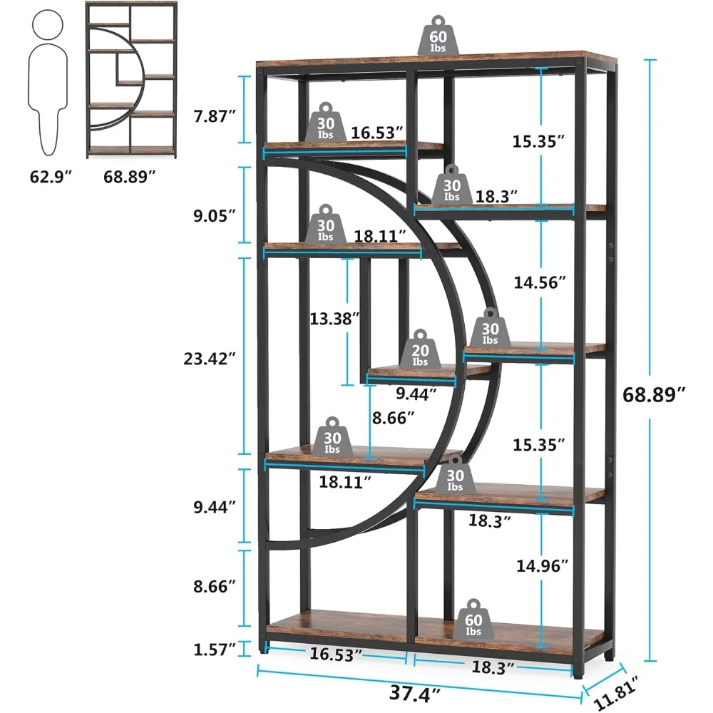 Bookshelf Industrial 5 Tier Bookcase, Freestanding Tall Bookshelves Display Shelf Storage Organizer with 9-Open (Brown