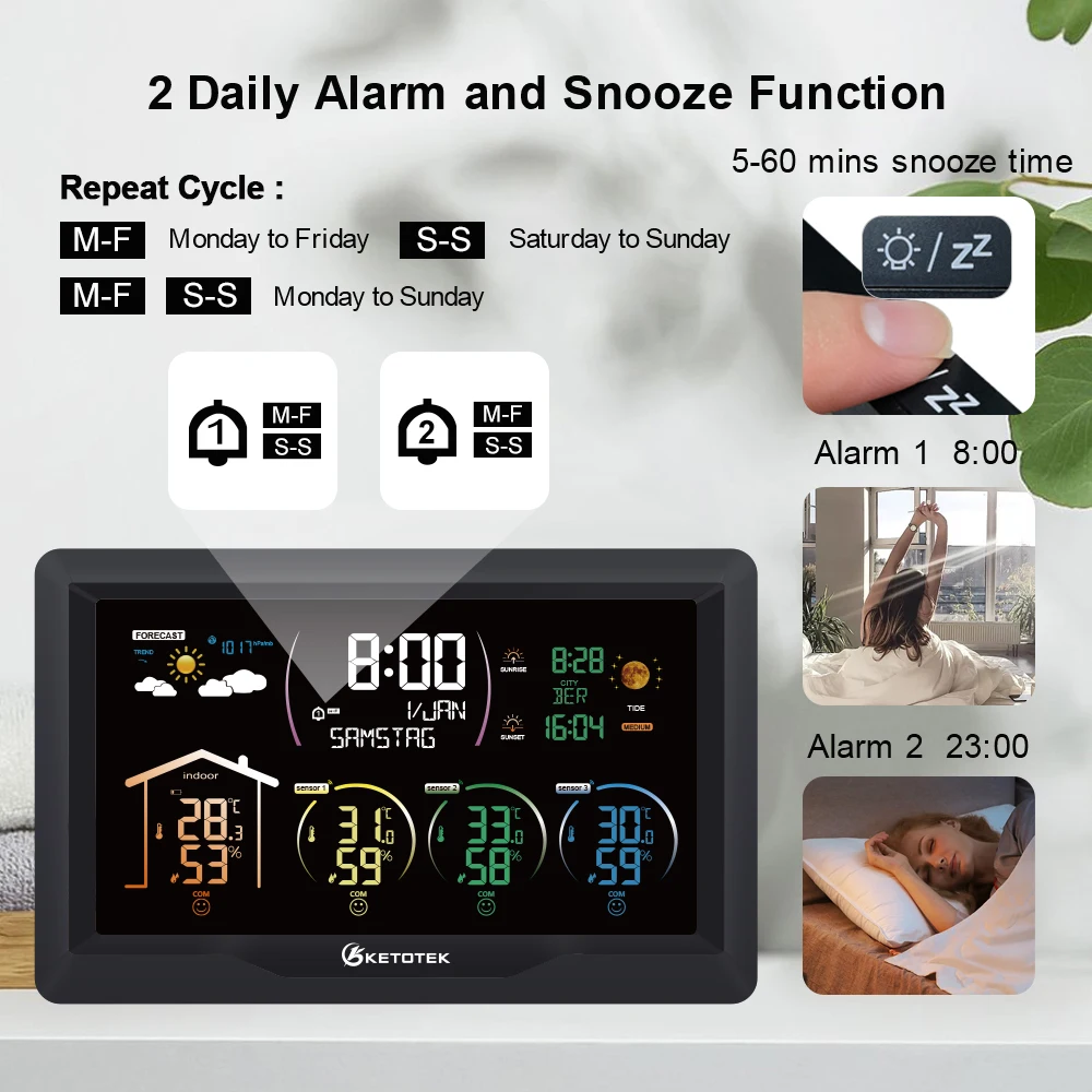 Stazione meteorologica Wireless Digital Indoor Outdoor previsioni igrometro misuratore di temperatura di umidità con 3 sensori