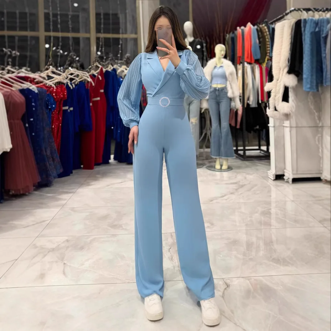 Fashion Party Jumpsuit Elegant Women's Formal Jumpsuit With Lantern Sleeves V Neck Wide Leg Chic Office Wear For Spring Summer