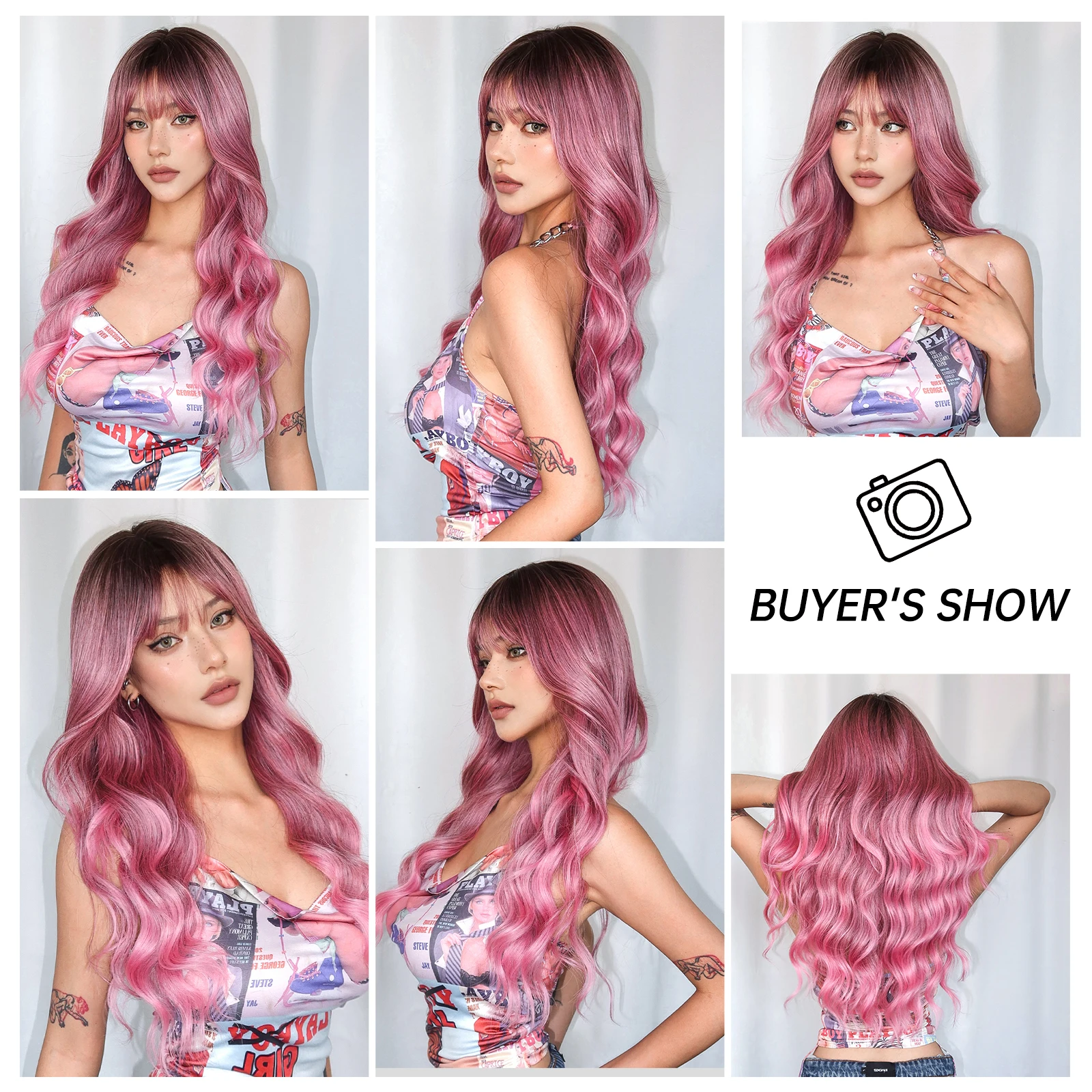 Ombre Pink Red Long Curly Wavy Synthetic Wigs with Bangs for Women Pink Colored Cosplay Lolita Wig Natural Hair Heat Resistant