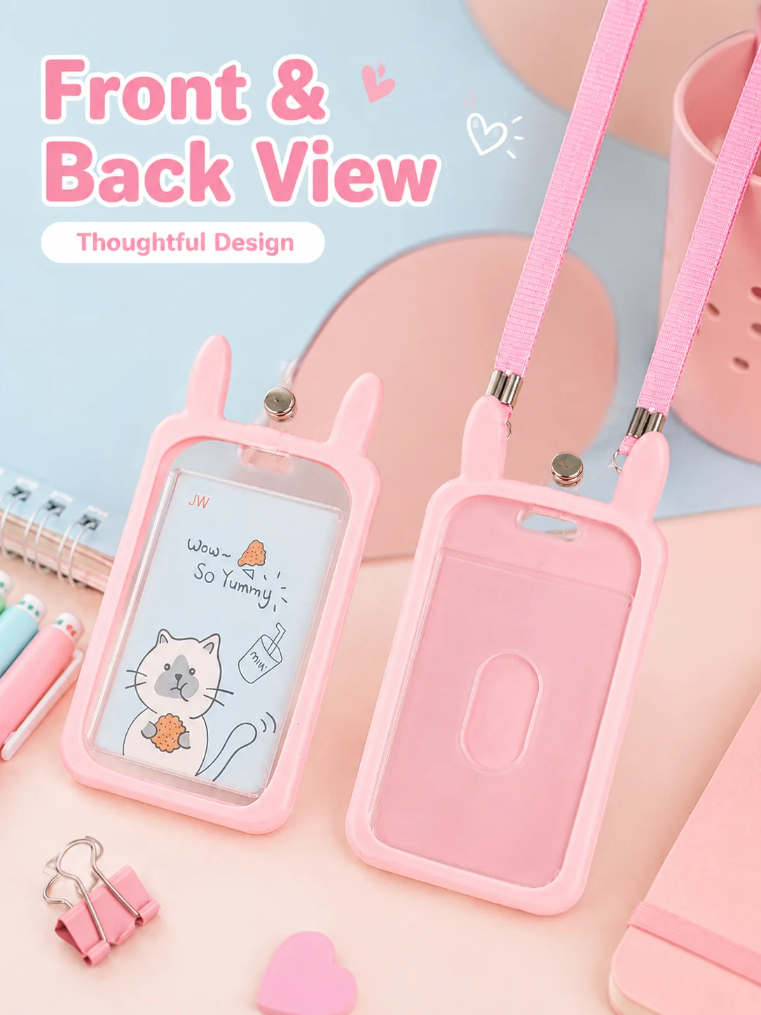 Cute Cartoon Transparent ID Badge Holder with Lanyard, Waterproof Card Case for Student ID, Work Badge, Transit Card, Bus Pass and Access Card, Lightweight Neck Strap Card Sleeve for School, Office, Travel and Daily Carry, Random Color
