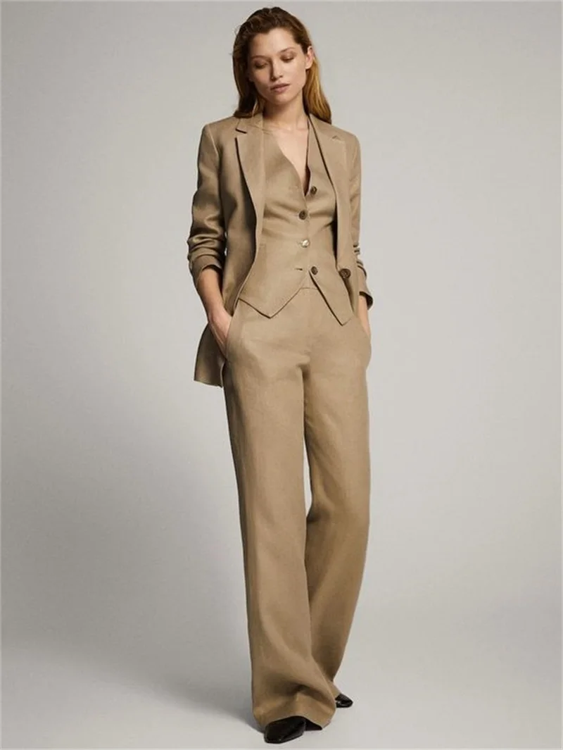 Ensemble pantalon et veste Blazer pour femmes, veste de bureau formelle, sur mesure, 3 pièces, couleur kaki, robe de bal, manteau féminin en coton