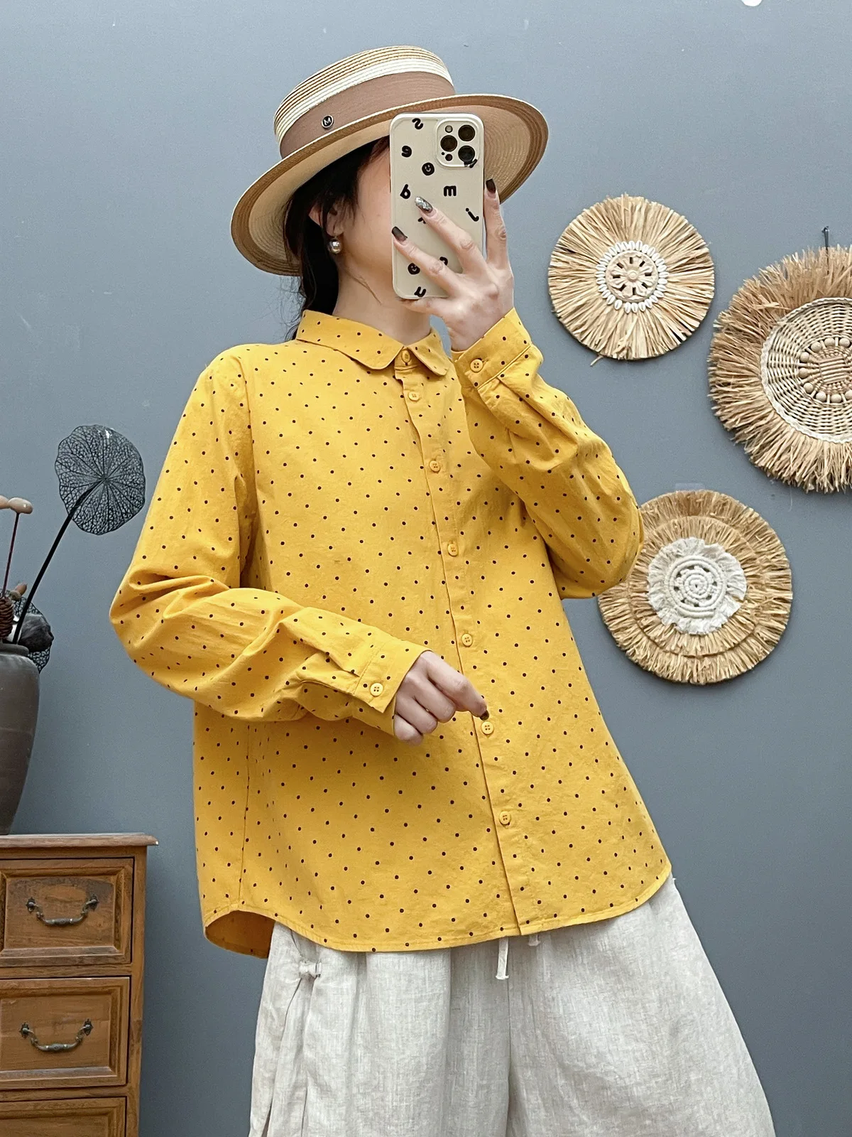 ใหม่2025ฤดูใบไม้ร่วงผ้าฝ้ายเสื้อแขนยาวผู้หญิงTurn-Down Collar Dotพิมพ์, Moriสาวอเนกประสงค์OLเดินทางเสื้อหลวมt57481CC