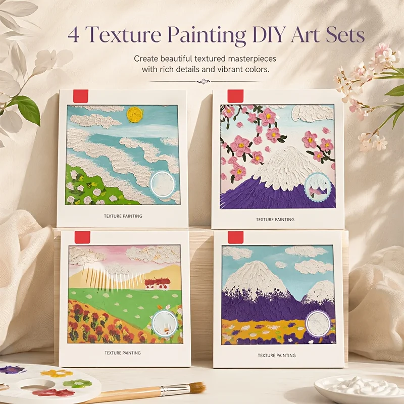 4 Style Scenery Texture Painting Kit.Comes with 6 Color Paint , Canvas Frame ，Palette Knife, Brush, Quartz Sand, Wooden Easel ，Mixing Palette. Printed Line Art for 3D Relief Decor Paintings. For Art Enthusiasts  Relaxing Home DIY & Desktop Art Production.