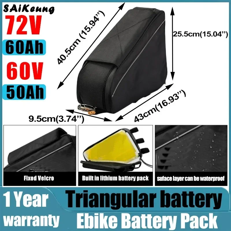 Triangle Battery 36v 48v 52v 60v 72v 20ah 24ah 30ah 40ah 50ah 60ah Huge Capacity 3000W Ebike 18650 Lithium Battery with Charger