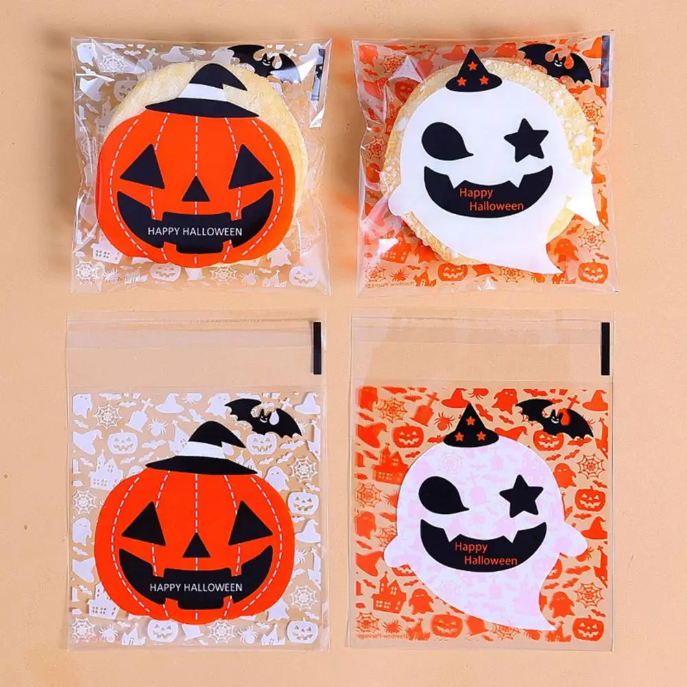 

100Pcs Biscuit Bag,Halloween Self-adhesive Bag,Ghost Pumpkin Design,Halloween Candy Bags,Holiday Clear Treat Bags