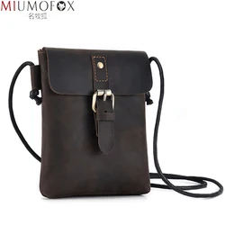 Mala de couro Crazy Horse masculina, mini bolsas de ombro para homens, bolsas crossbody, pequena bolsa de grife masculina