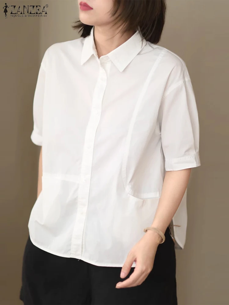 ZANZEA camicia estiva da donna camicetta a maniche corte con collo a risvolto moda elegante Solid OL Work top Femme Buttons Down Blusas Oversize