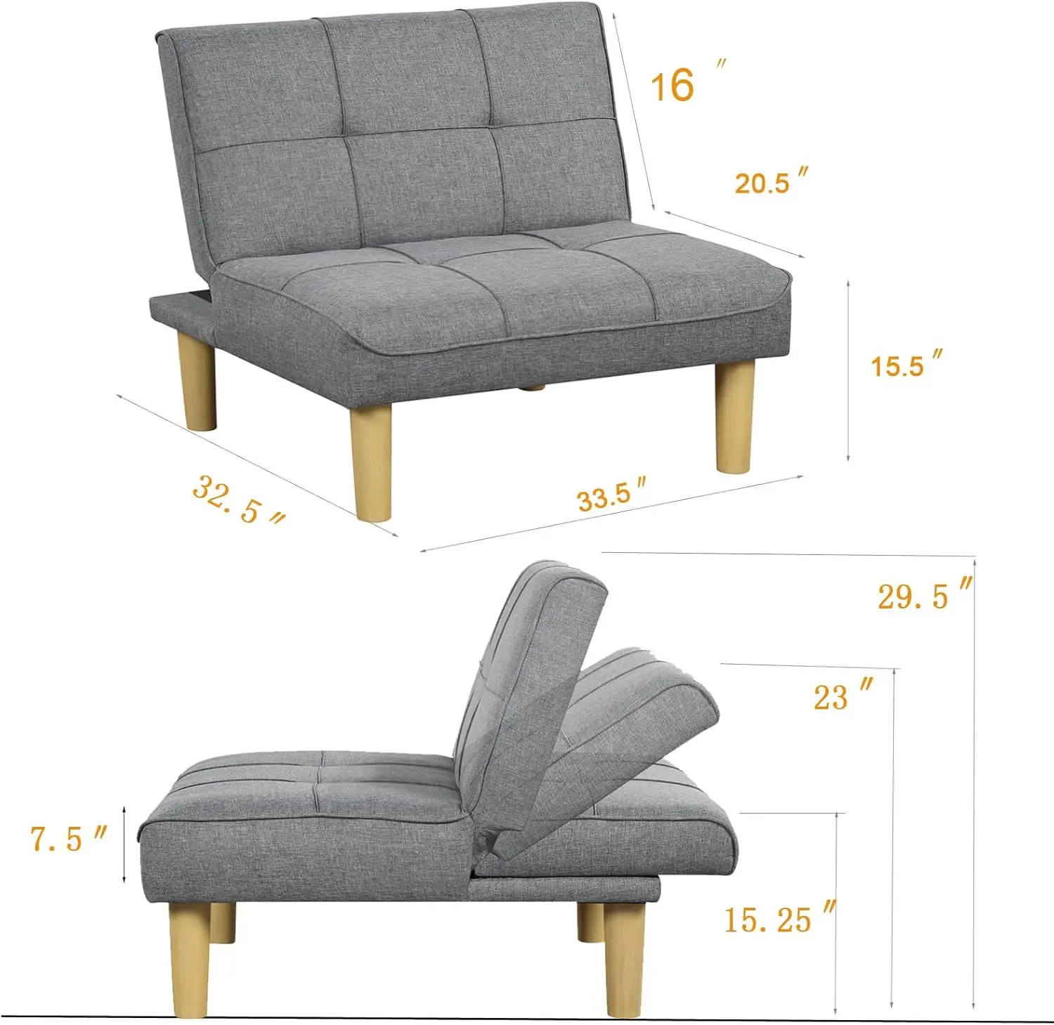 Minisofá reclinable con respaldo ajustable, sofá individual para espacios pequeños, sala de estar y dormitorio, cómodo