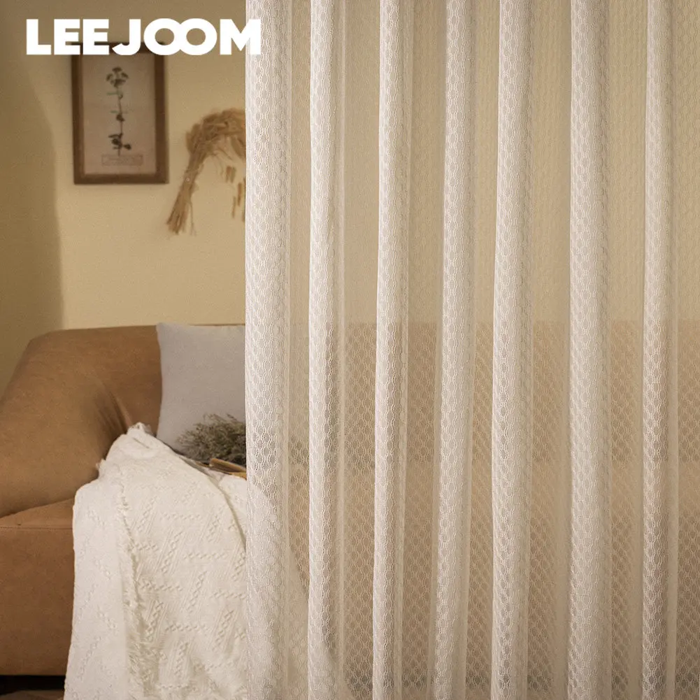 LEEJOOM Summer Cotton Linen Beige Tulle Tulle Voile Curtain Wave Striped Blind Kitchen Door Curtain Window Drapes