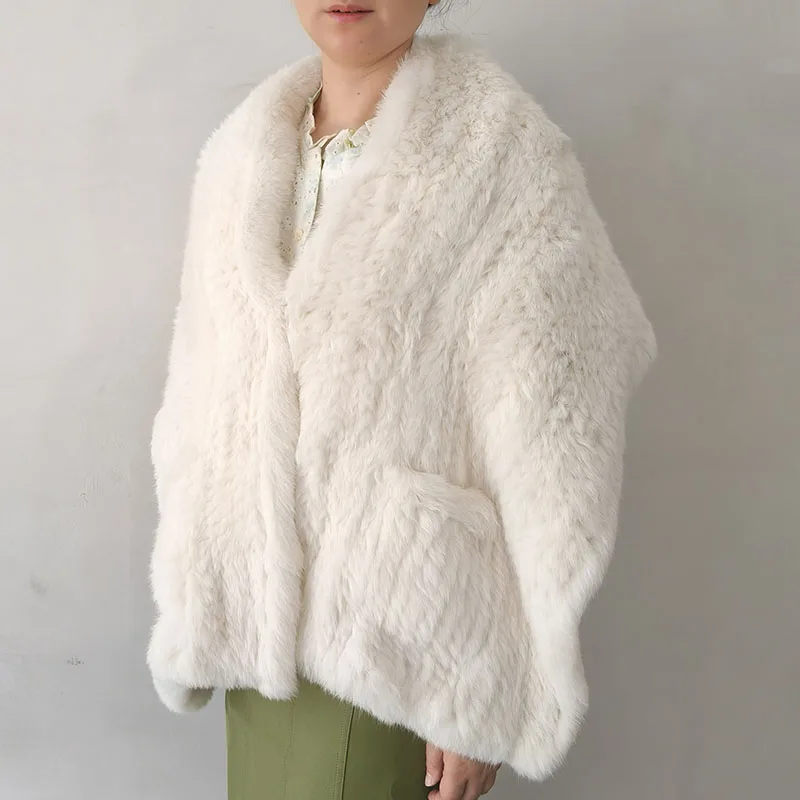 

Women Warm Winter Knitted Real Rabbit Fur Shawl With Pockets Thick Female Genuine Long Fur Cape Ladies Long Wrap Scarves