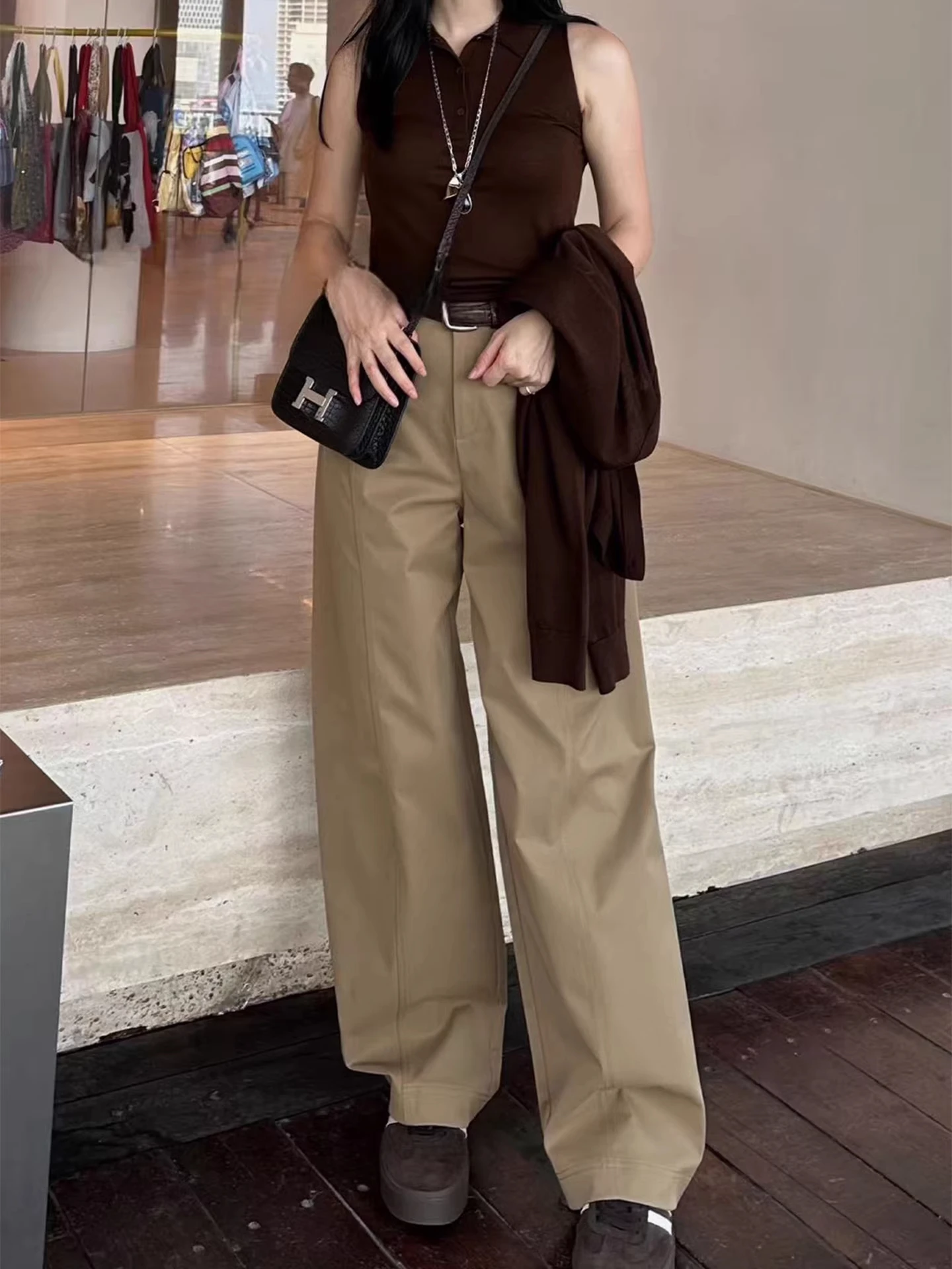 

Хаки, большие размеры, широкие брюки с высокой талией, женские свободные повседневные брюки, осенние новые утягивающие модные женские брюки...