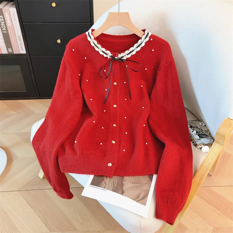 

Красный вязаный кардиган с бантом - элегантный топ с кружевным воротником и бисерной отделкой для женщин на весну-осень