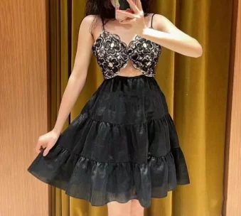 

Women's Short Dresses Flower Splicing Knot Waist Hollowed Out 2024 Summer New Ladies Sexy Waistband Sling Mini Robe