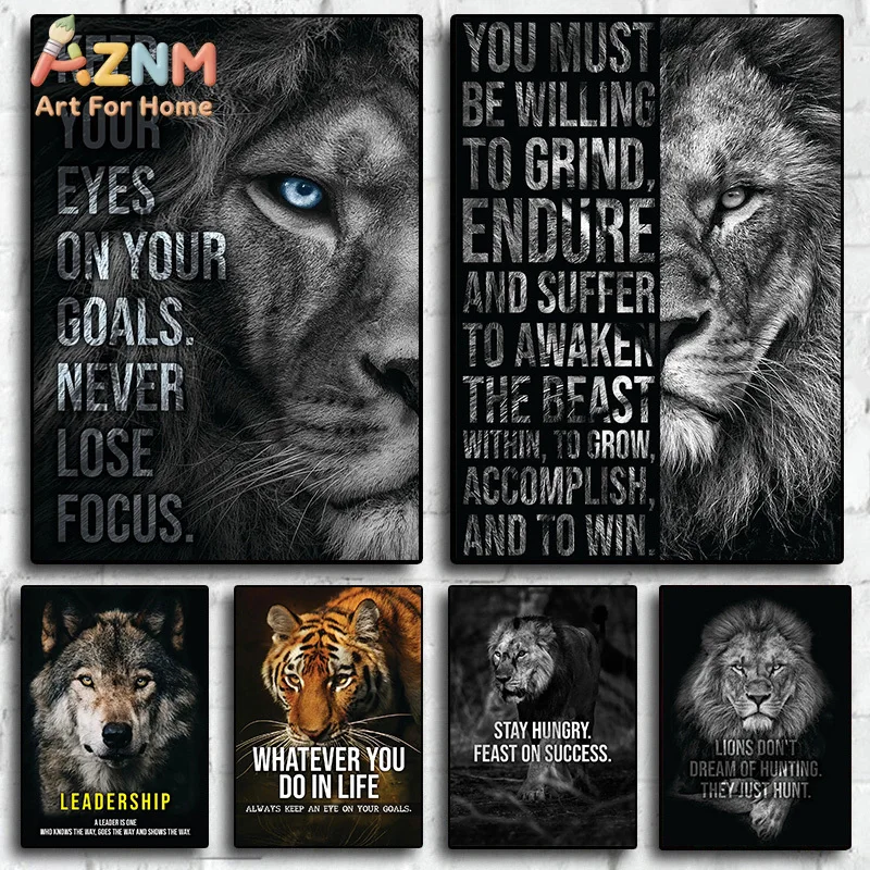 1pc frameless Canvas Painting Mindset Is Everything Lion Eagle Wolf Cat Tiger HD Pictures Poster Inspirational Quotes Canvas Pai