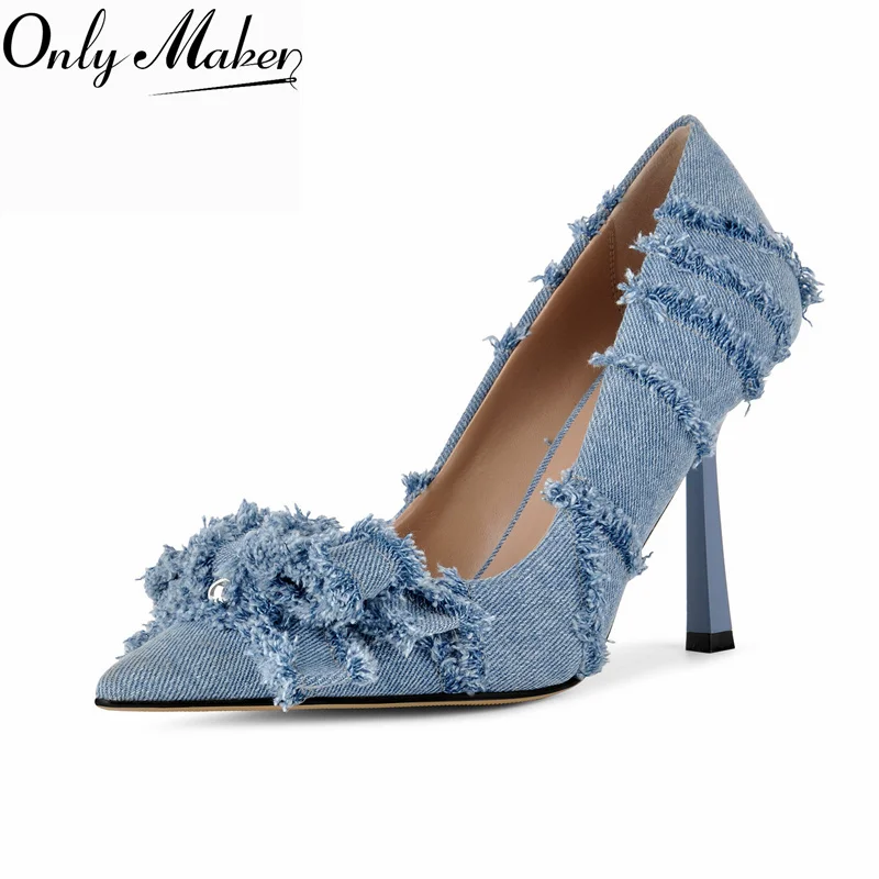 Onlymaker Women Blue Denim Stiletto Pumps Frayed Edge Bow Pointed ToeThin High Heel Party Evening Fashion Ladies Dress Pumps