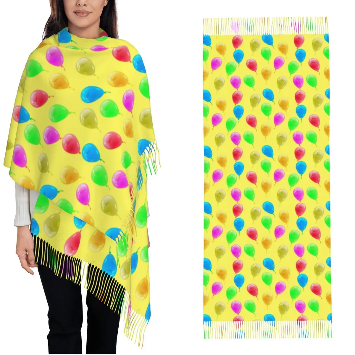 

Женский шарф, уличный глянцевый разноцветный шарф с воздушными шарами, головной платок с длинной кисточкой, роскошная шаль 2025 года, осенний платок с графическим рисунком
