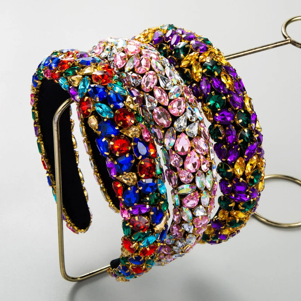 

Baroque Rhinestones Head Hoop Hair Bands Women Vintage Headband Full Colorful Crystal Padded Headbands Thick Sponge Hair Band