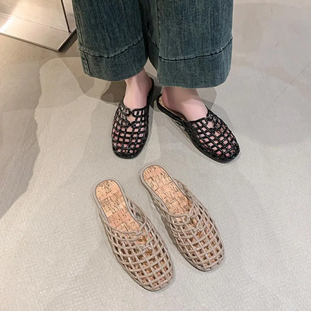 تصميم شبكة هلام أحذية جوفاء جولة تو أحذية الشاطئ مريح موضة الصنادل الشفافة المرأة الصيف جديد نسج أحذية جيلي مسطحة