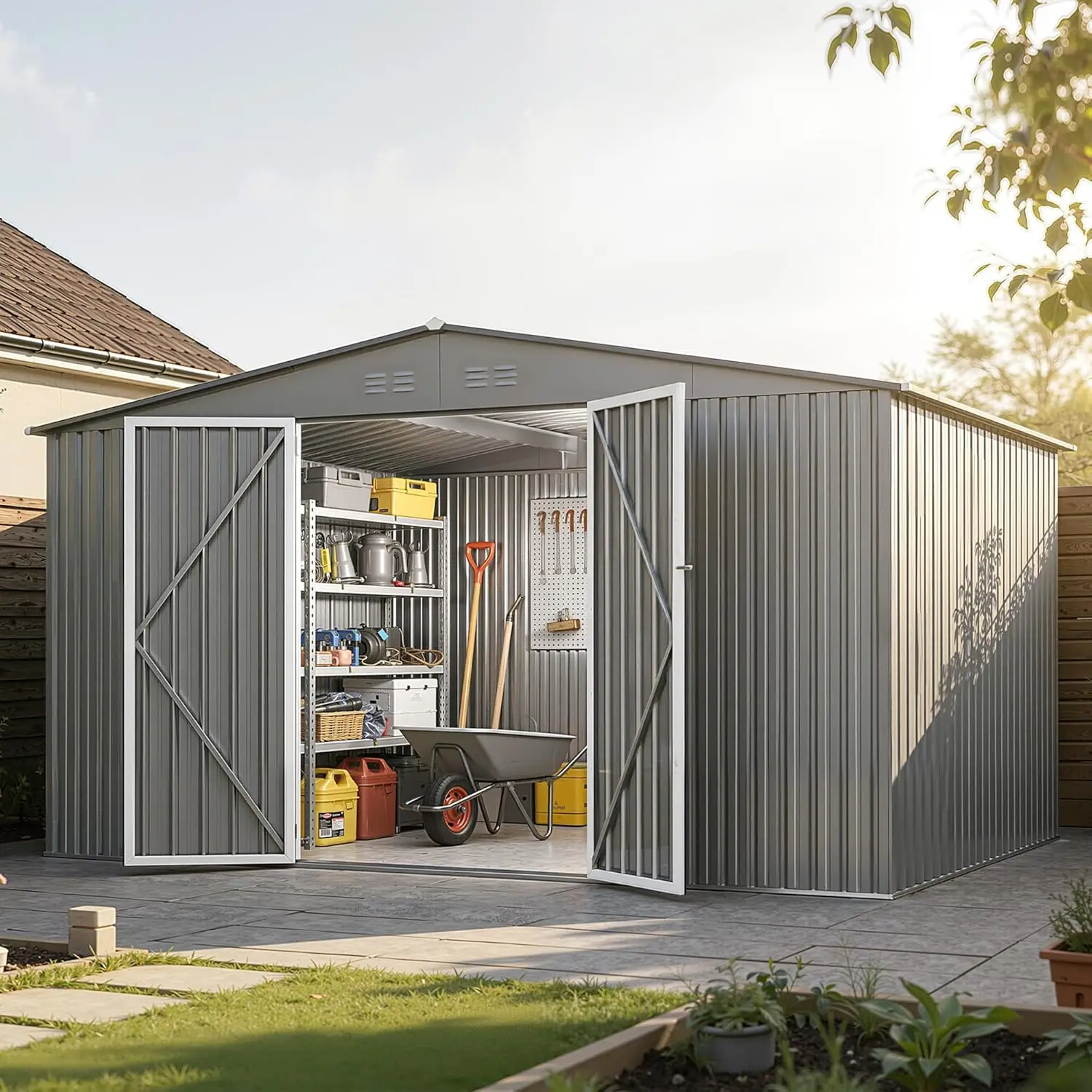 

12x10FT Metal Storage Shed Waterproof Lockable Door All-Weather Bike Garden Tools Lawn Mower Outdoor, Customized