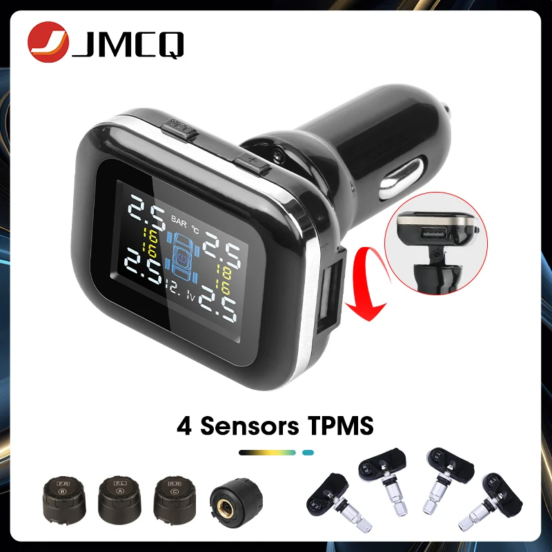 JMCQ TPMS Car Security Alarm System Tire Pressure Alarm Monitor System 4 Auto Tyre Pressure Sensors Cigarette Lighter Display