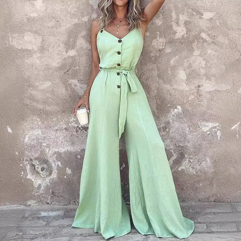 Mode Einfache High Street Overall Frauen Einfarbig Ärmellose Lange Overall Sommer V-ausschnitt Taste Hohe Taille Spitze-up playsuits