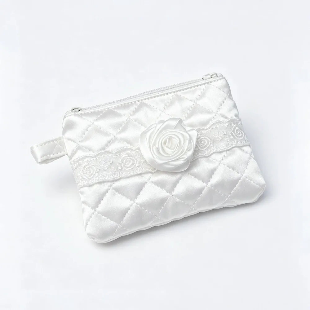 Portable Satin Quilted Mini Makeup Bag Floral Lace Trim Soft Coin Purse Zipper Lipstick Storage Pouch for Ladies