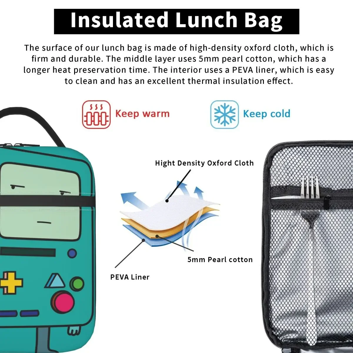 BMO Adventure Times Insulated Lunch Bag Thermal Bag Meal Container Game Life Leakproof Tote Lunch Box Food Handbags Picnic