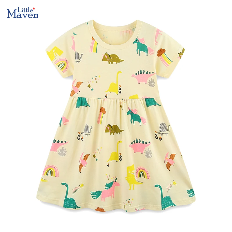 Little maven 2025 novo verão roupas infantis do bebê meninas crianças roupas de algodão dos desenhos animados arco-íris dinossauros unicórnio vestidos