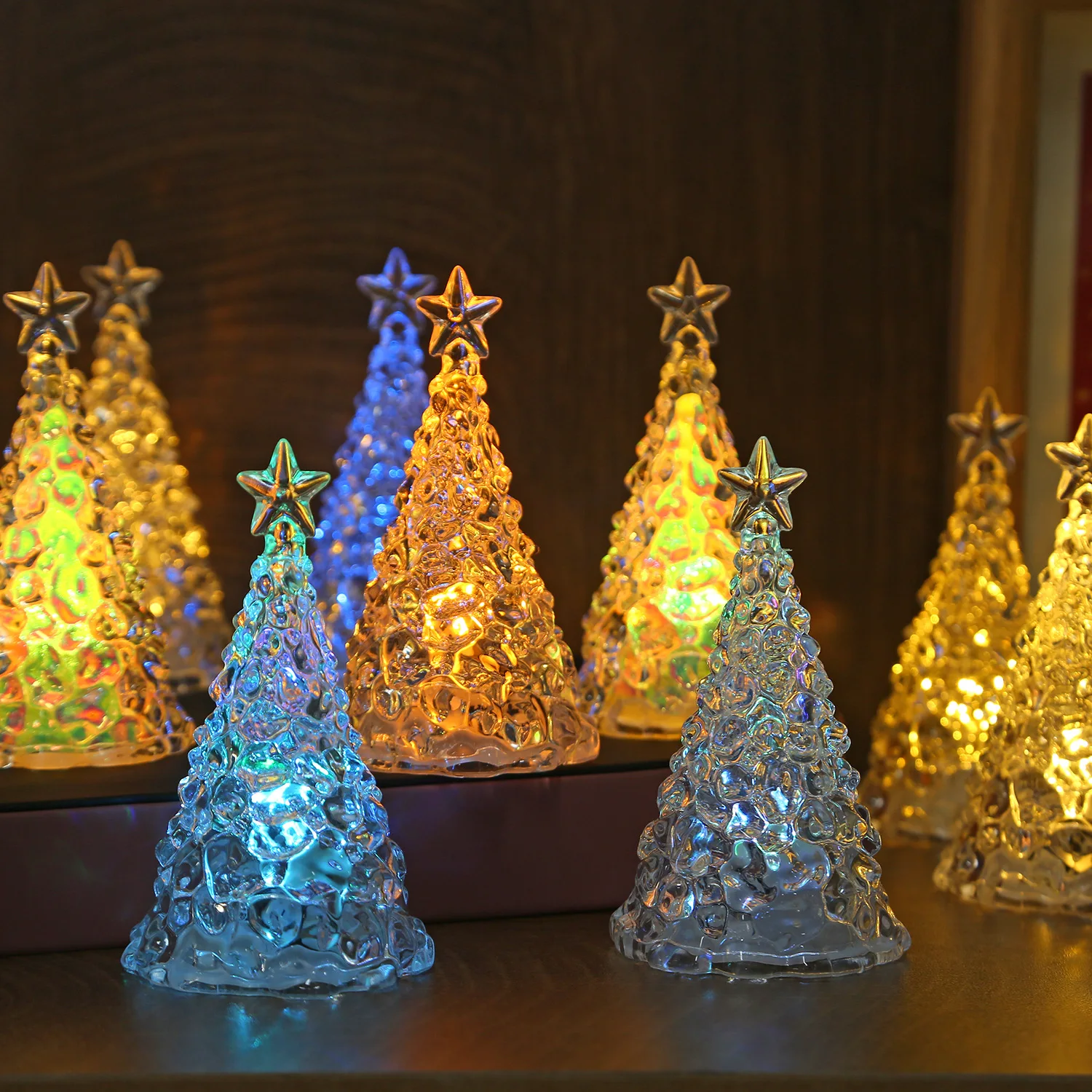 1-10PCS Battery Operated Crystal Christmas Tree Table Lamp Color Changing Star Night Light Glowing Candle Decor for Bedroom Gift