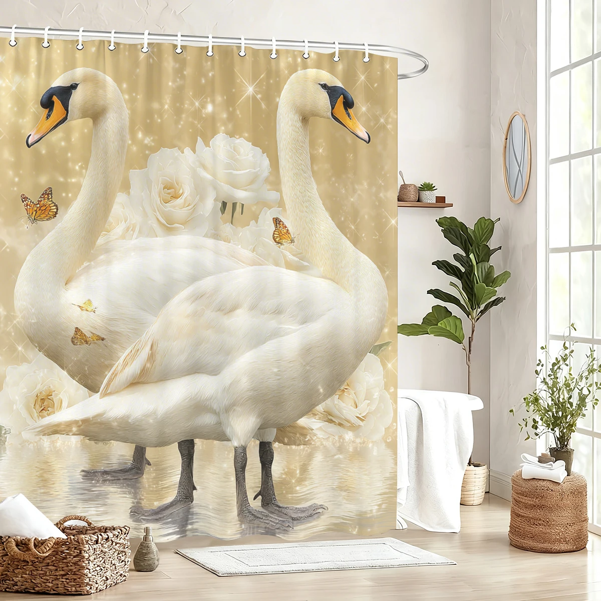 

Romantic Swan & Rose Pattern Polyester Shower Curtain - Elegant Bathroom Decor, Stylish Bath Linen for Home
