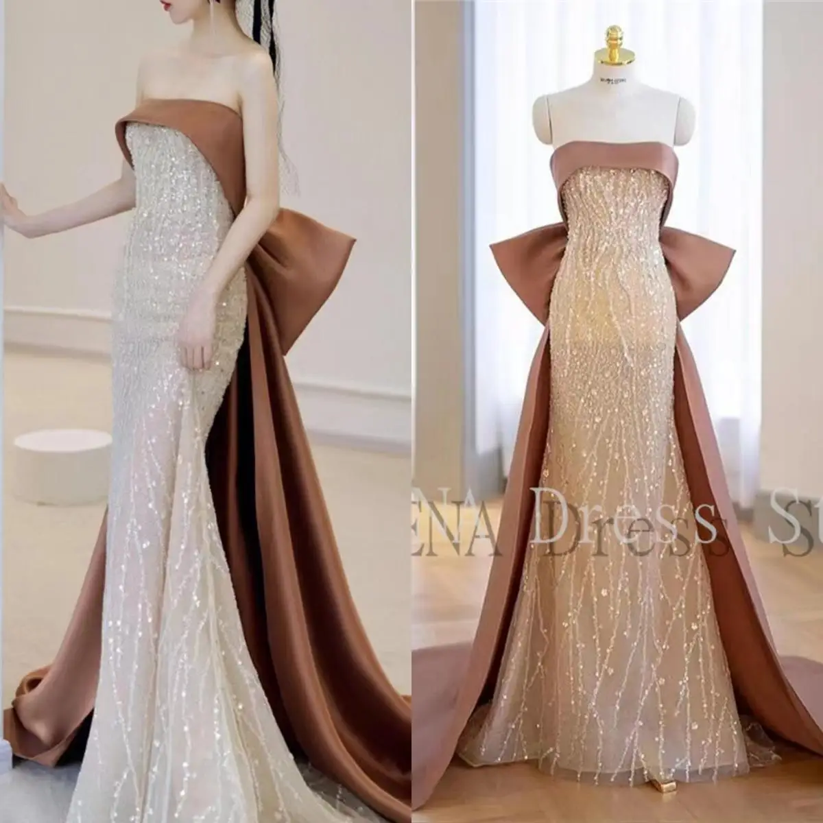 14482#IENA Elegant Gold Luxurious Exquisite Strapless Sequin Back Bow Prom Gown Formal Evening Dress Engagement 100 Real Picture