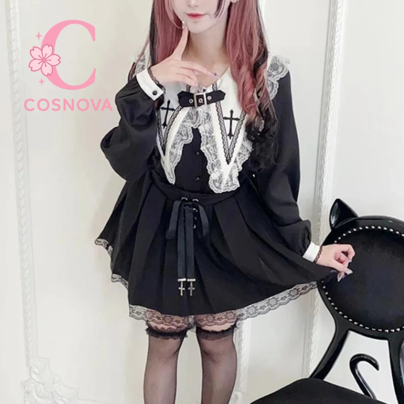 

Japanese Lolita Inner Blouse Cross Design Long Sleeve Sailor Collar Lace Shirt Aesthetic Gothic Punk Cute Layering Top for Women