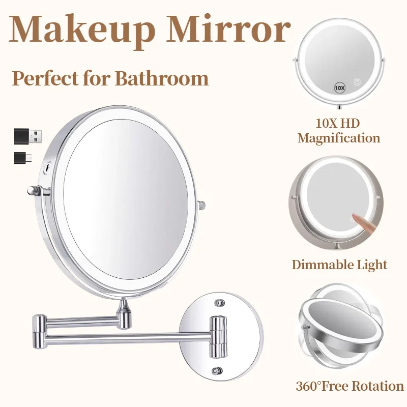 

8 Inch Wall Mounted Bathroom Makeup Mirror, USB Rechargeable LED 3 Color Lights Two Sided 1X/10X Magnifying Mirror Touch Switch