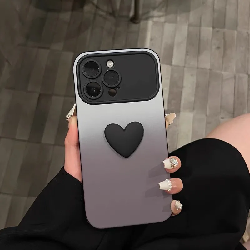 Caso de telefone macio à prova de choque com janela grande, coração do amor, cor gradiente, proteção de lente, bonito 3D capa para iphone 15, 14,