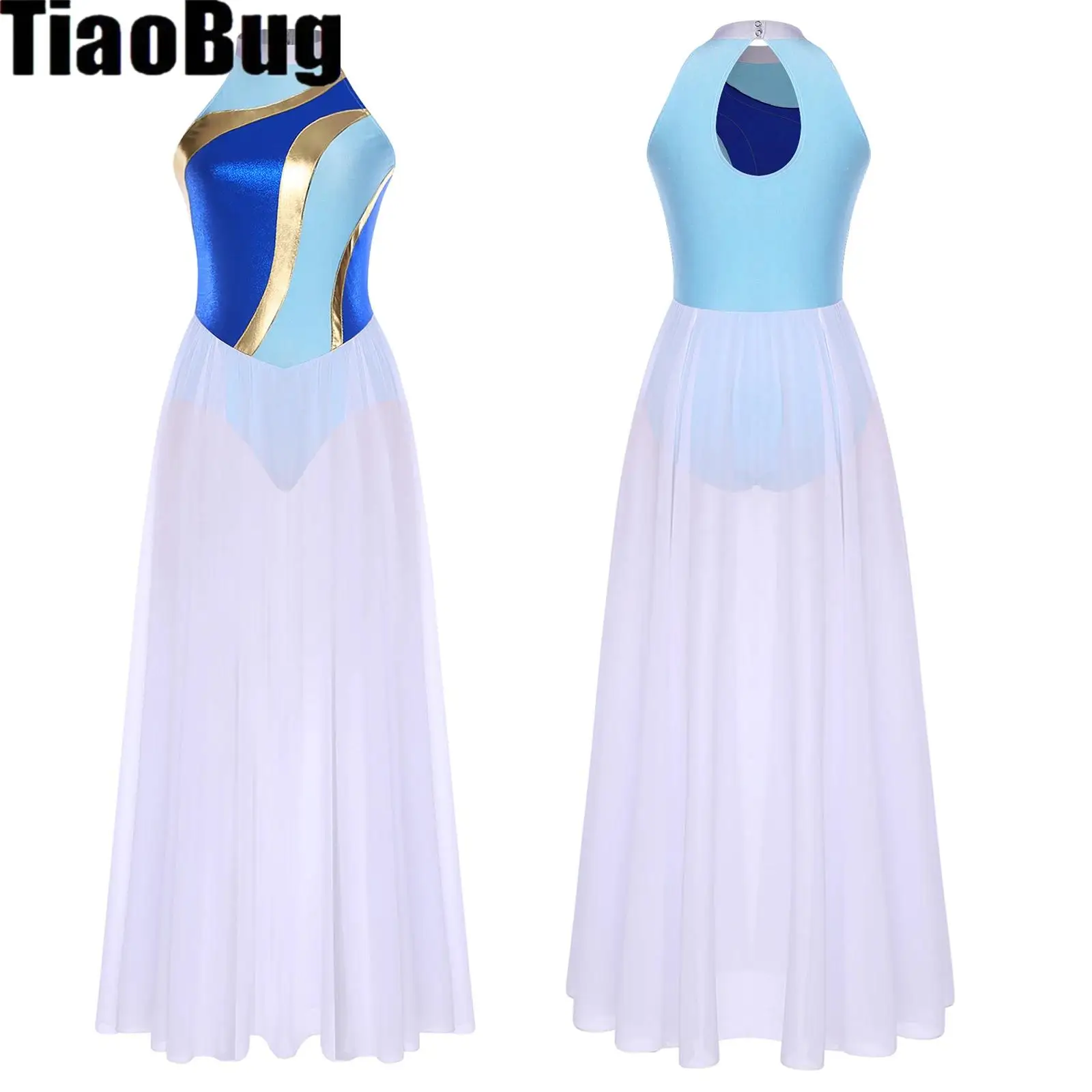 

Women Lyrical Dance Dress Modern Contemporary Halter Button Chiffon Long Skirt Sleeveless Gymnastics Leotard Figure Skating Wear