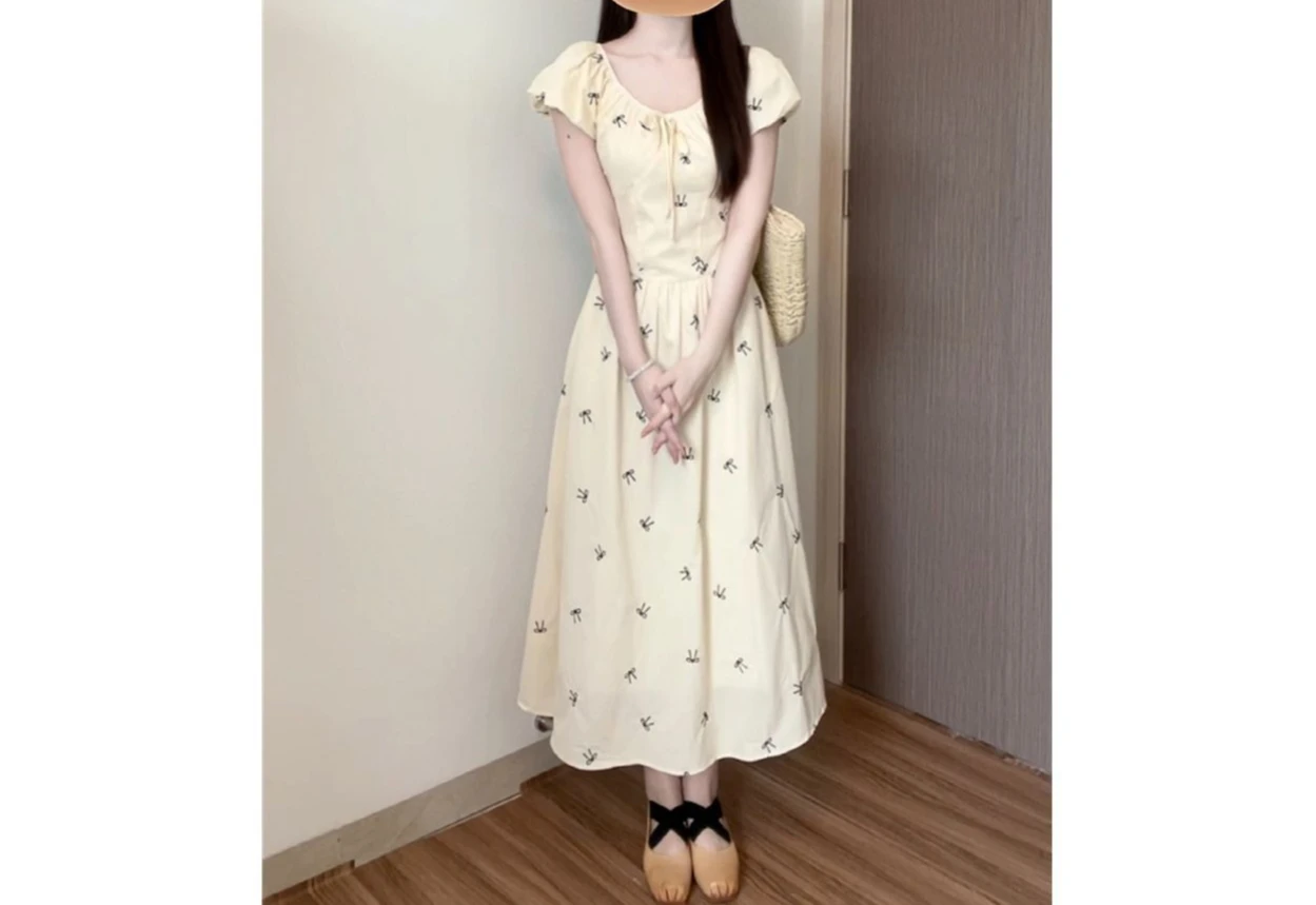 여성을위한 퍼프 슬리브 허리 타이와 프랑스 차 드레스 2025 여름 꽃 미디 드레스