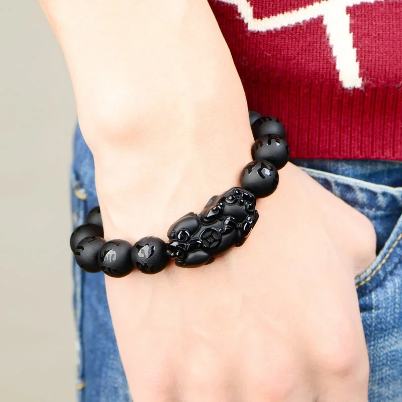 Natural Black Obsidian Matte PiXiu Beaded Charm Bracelet Brave Troops Six-Word Mantra Wealth Pi Yao Bangle DIY Men Women Jewelry